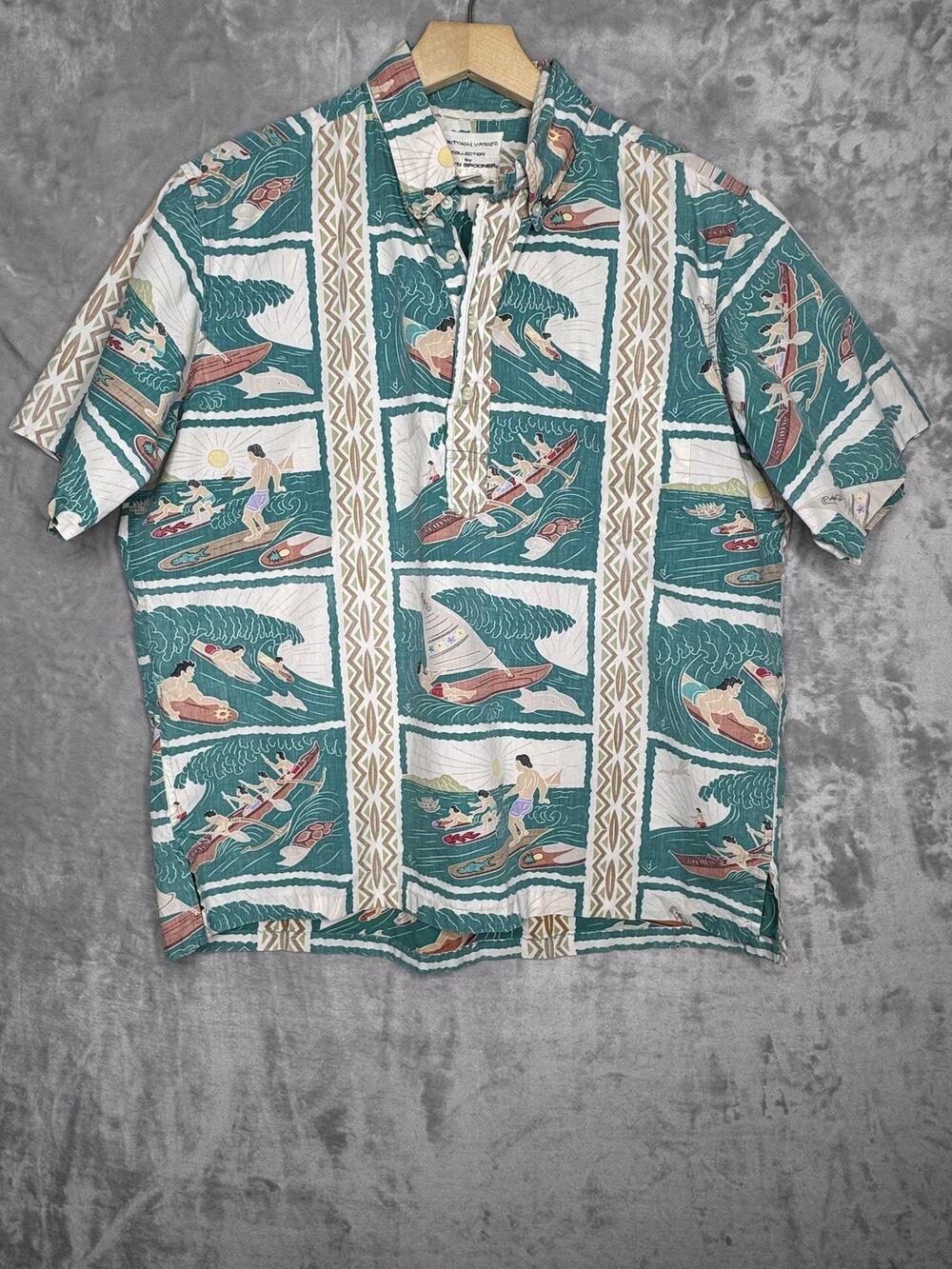 Reyn Spooner Dietrich Varez Shirt Mens Large Green Hawaiian Aloha Surf Print